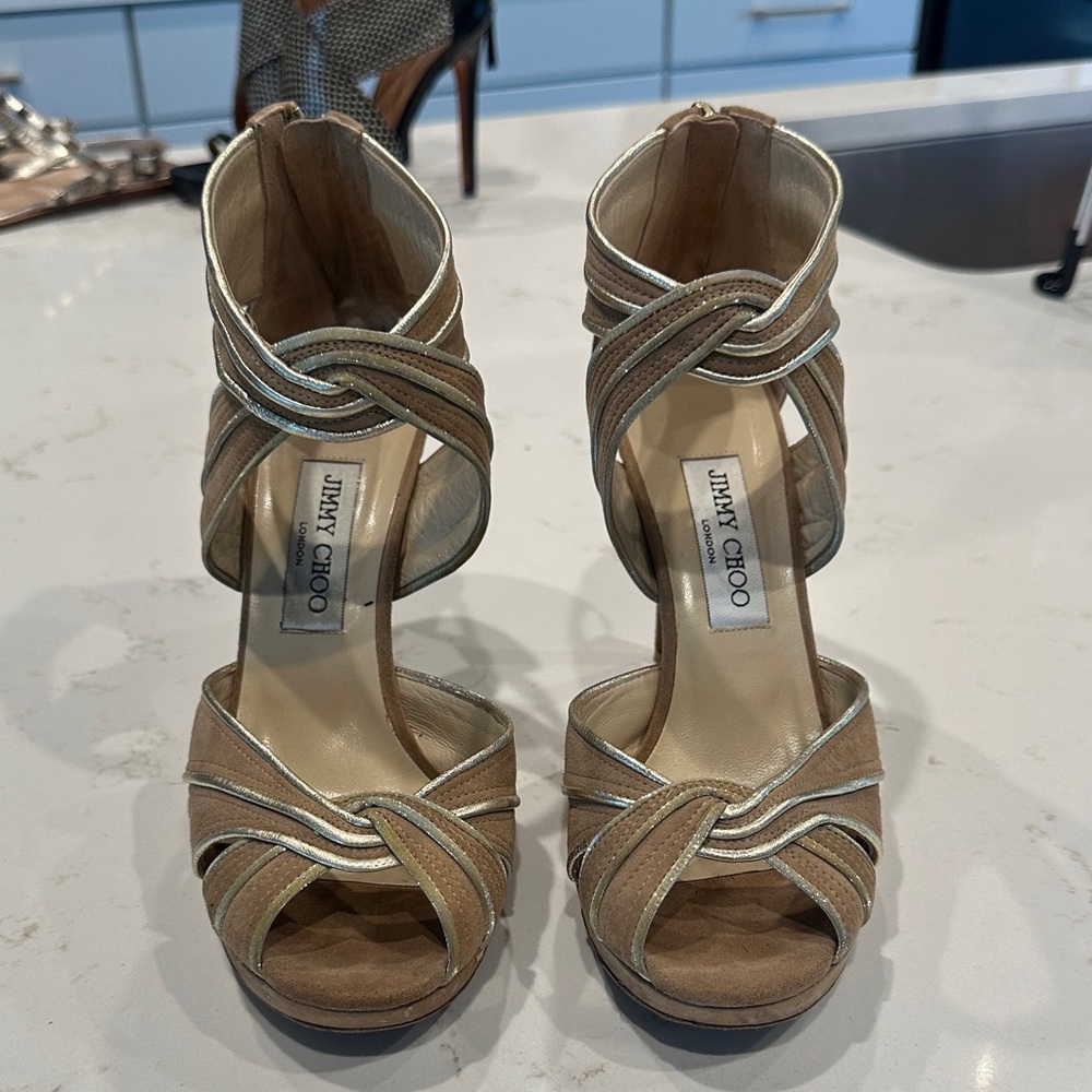 Jimmy Choo Beige and Silver Strappy Heels